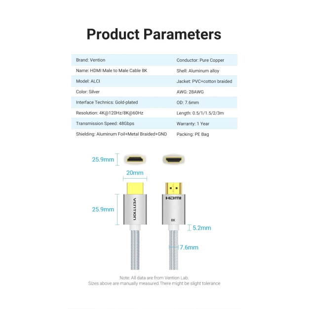 Кабель Vention HDMI-HDMI, 1m, v2.1, 8K 60Hz, 4K 165Hz (ALCIF) Кабель Vention HDMI-HDMI, 1m, v2.1, 8K 60Hz, 4K 165Hz (ALCIF)