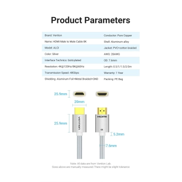 Кабель Vention HDMI-HDMI, 1m, v2.1, 8K 60Hz, 4K 165Hz (ALCIF)