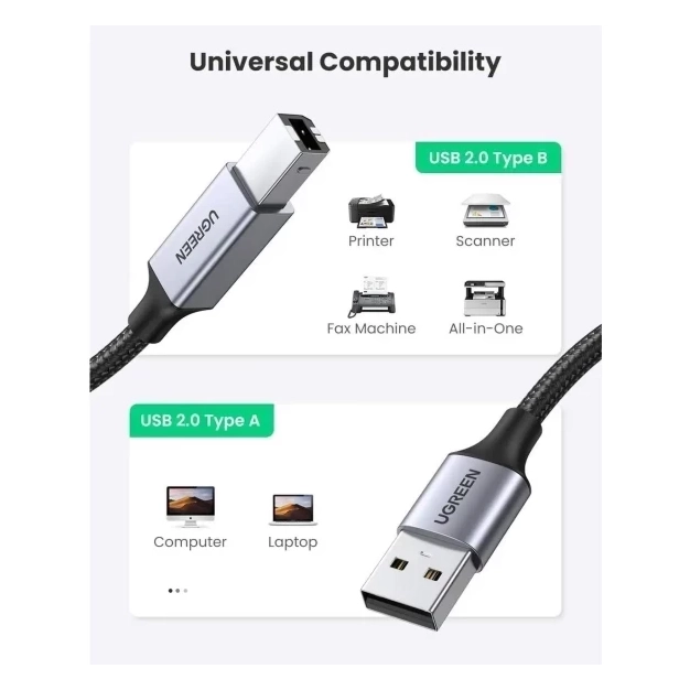 Кабель для принтера Ugreen US369 USB-A 2.0 - USB-B 2.0, 2m 80803 Кабель для принтера Ugreen US369 USB-A 2.0 - USB-B 2.0, 2m 80803