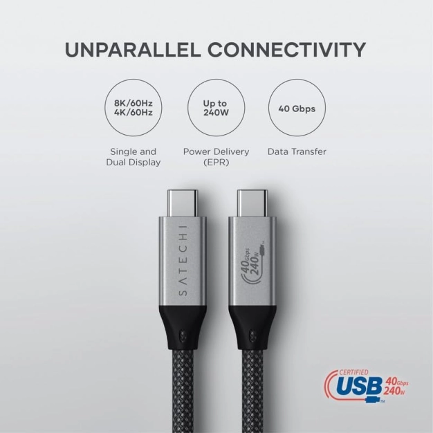 Кабель Satechi USB4 Pro 240W 1.2 м Space Grey Кабель Satechi USB4 Pro 240W 1.2 м Space Grey