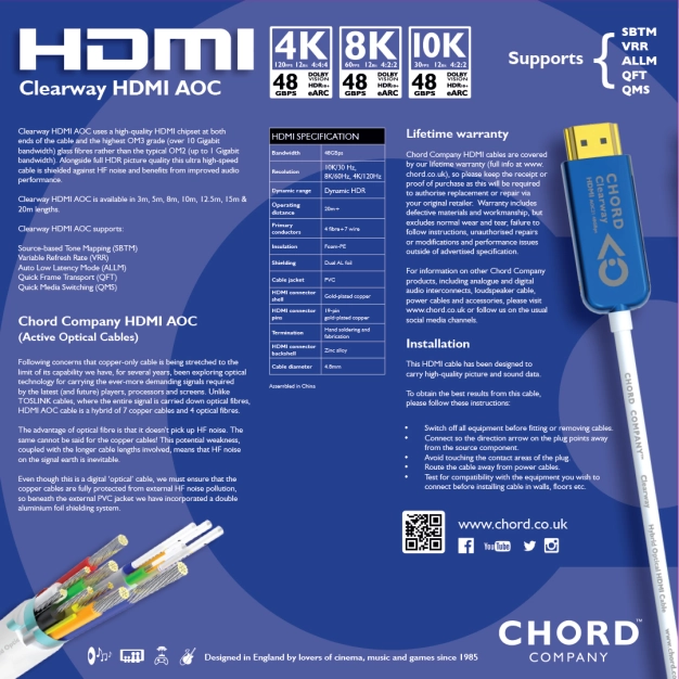 Кабель HDMI Chord Clearway HDMI AOC 8k (48Gbps) 5m, відео.