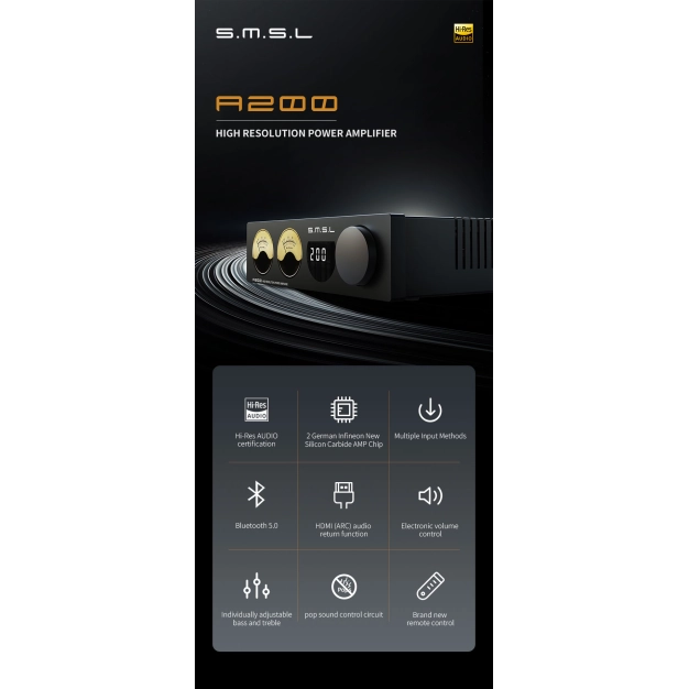 2-канальний підсилювач з індикацією рівня S.MSL A200 Black – Bluetooth 5.0, HDMI ARC