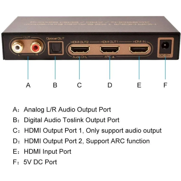 AirBase K-SP124KA V2.0 - HDMI спліттер 1×2 з аудіоекстрактором, 4K HDR