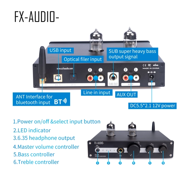 ЦАП FX-AUDIO DAC-A10 Black - ES9018K2M, Bluetooth 5.1, лампи 6N3