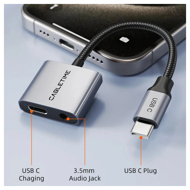 Перехідник Cabletime CPA1G USB-C 3.5 мм PD60W Black