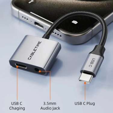 Перехідник Cabletime CPA1G USB-C 3.5 мм PD60W Black
