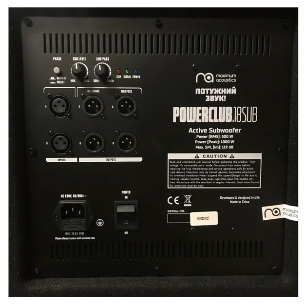 Maximum Acoustics POWERCLUB.18SUB — роз’єми та органи керування