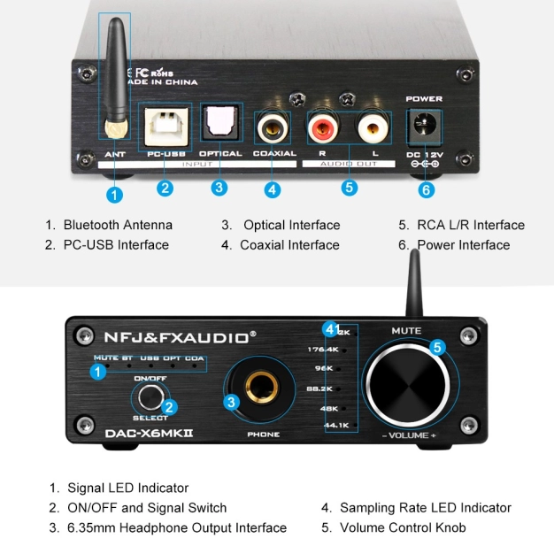 Цифро-аналоговий перетворювач FX Audio DAC-X6MKII 192kHz з Bluetooth 5.0 Black