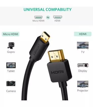 Міжкомпонентний кабель Ugreen HD127 microHDMI to HDMI, v 2.0 UltraHD 4K-3D Black, 1 м 30148