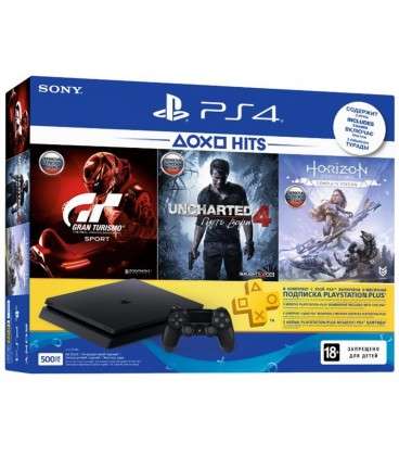 Ігрова приставка SONY PlayStation 4 Slim 500 Gb Black (HZD+GTS+UC4+PSPlus 3М)