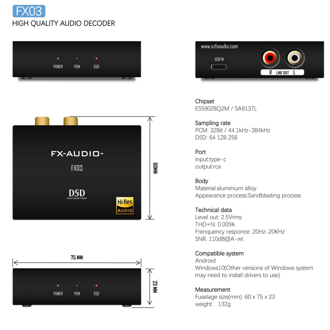 FX-AUDIO FX03 MINI Type-C DAC ESS9028Q2M SA9137L Підтримка DSD64 DSD128 DSD 256 або PCM 32 біт / 384 кГц